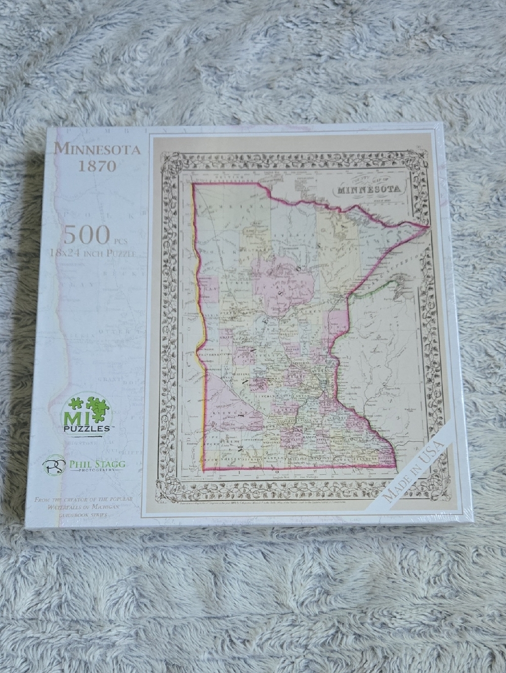 MI Puzzles - Minnesota 1870 500-Piece Vintage Map Puzzle W/ Phil Stagg Photo